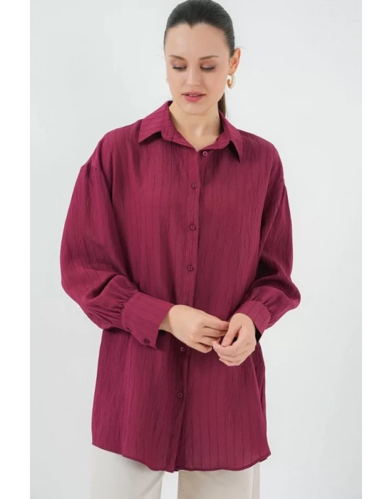 Çizgili Uzun Gömlek Tunik 5963 - Bordo