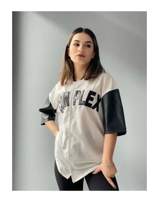 Complex Kolları Deri Kolej Oversize T-shirt - Beyaz