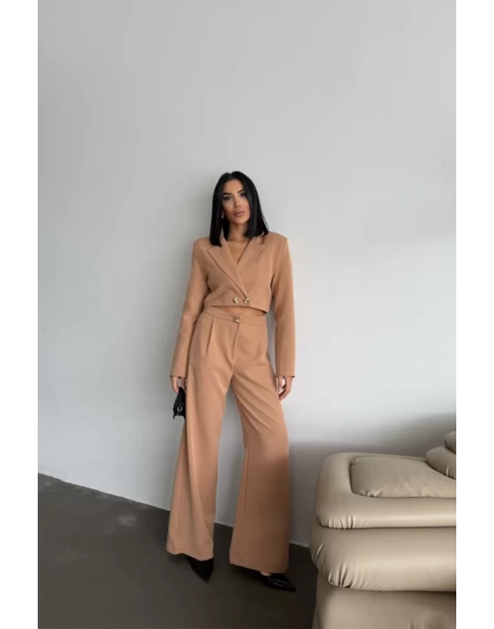 CROP CEKET - PANTOLON TAKIM GOLD DÜĞME DETAYLI - Kahverengi