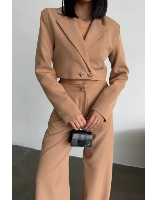 CROP CEKET - PANTOLON TAKIM GOLD DÜĞME DETAYLI - Kahverengi