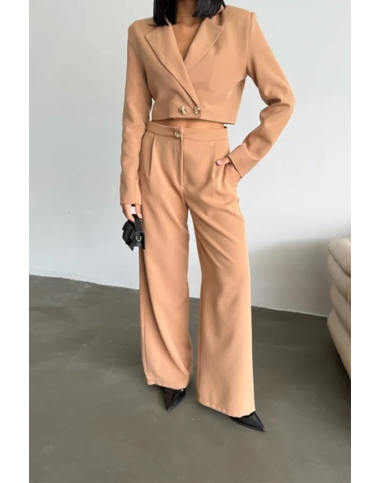 CROP CEKET - PANTOLON TAKIM GOLD DÜĞME DETAYLI - Kahverengi