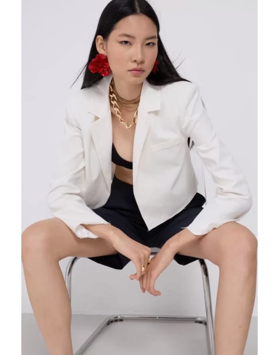 Crop Keten Blazer Ceket