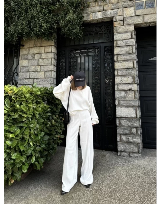 Crop, Pantolon Fitilli İkili Takım -Beyaz