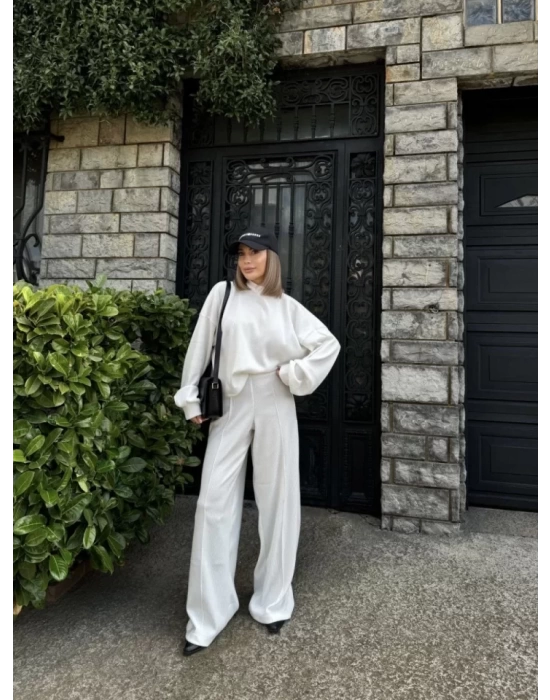 Crop, Pantolon Fitilli İkili Takım -Beyaz