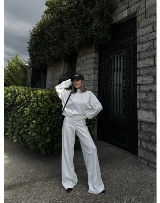 Crop, Pantolon Fitilli İkili Takım -Beyaz