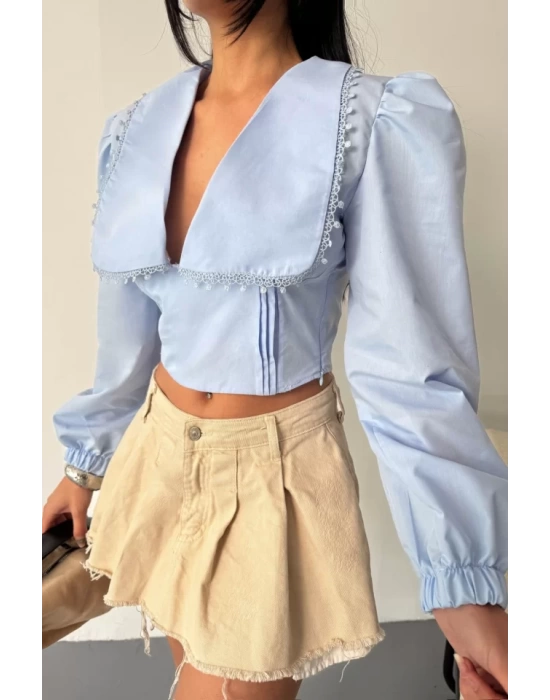 CROP POPLİN GÖMLEK YAKA KENAR DANTEL DETAYLI - Bebe Mavi