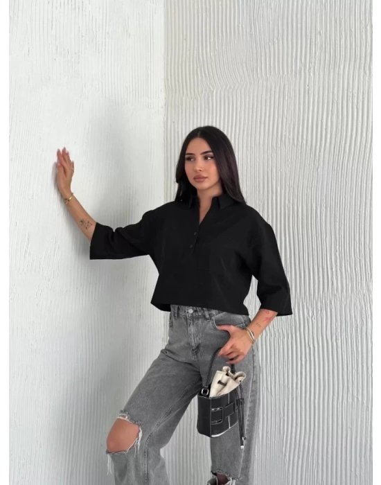 Crop Yakalı Gömlek Üç Çeyrek Sleeve Kol - Siyah