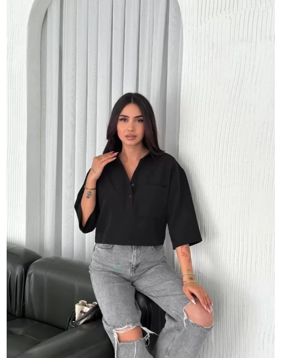 Crop Yakalı Gömlek Üç Çeyrek Sleeve Kol - Siyah