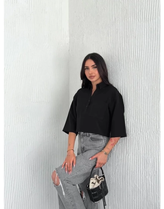 Crop Yakalı Gömlek Üç Çeyrek Sleeve Kol - Siyah