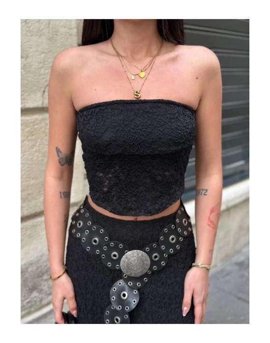 bysoca Kadın Siyah Güpür Dantel Straplez Büstiyer Yazlık Crop Top