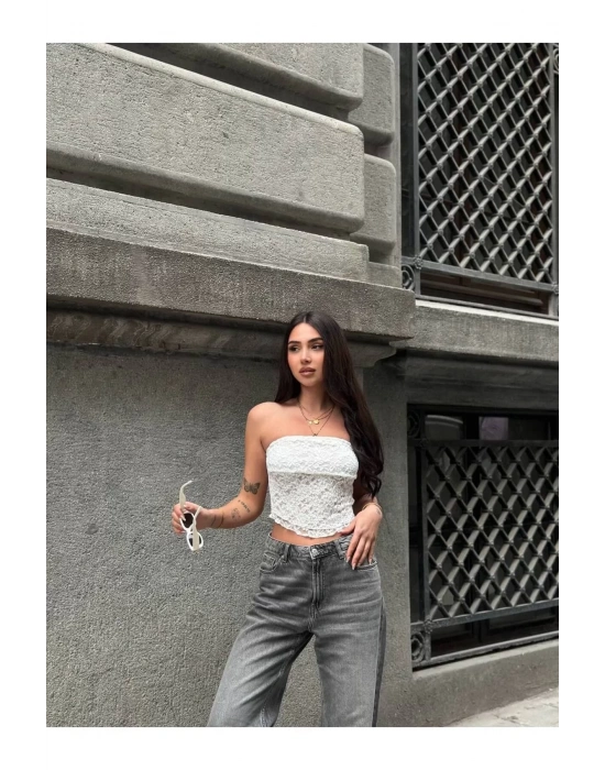 bysoca Kadın Beyaz Güpür Dantel Straplez Büstiyer Yazlık Crop Top