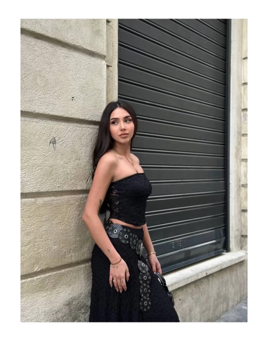 bysoca Kadın Siyah Güpür Dantel Straplez Büstiyer Yazlık Crop Top