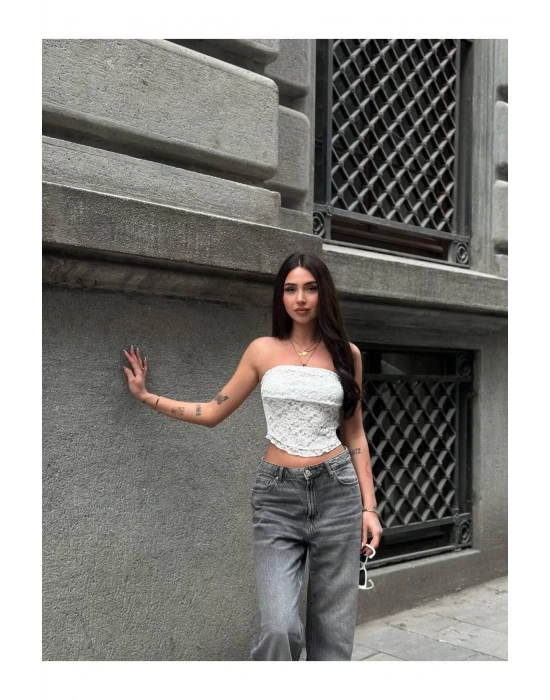 bysoca Kadın Beyaz Güpür Dantel Straplez Büstiyer Yazlık Crop Top