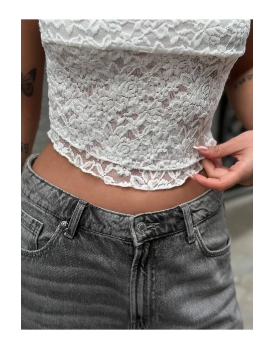 bysoca Kadın Beyaz Güpür Dantel Straplez Büstiyer Yazlık Crop Top