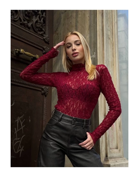 bysoca Kadın Bordo Yarım Balıkçı Yaka Uzun Kollu Vücudu Saran Dantel Tül Body Bluz