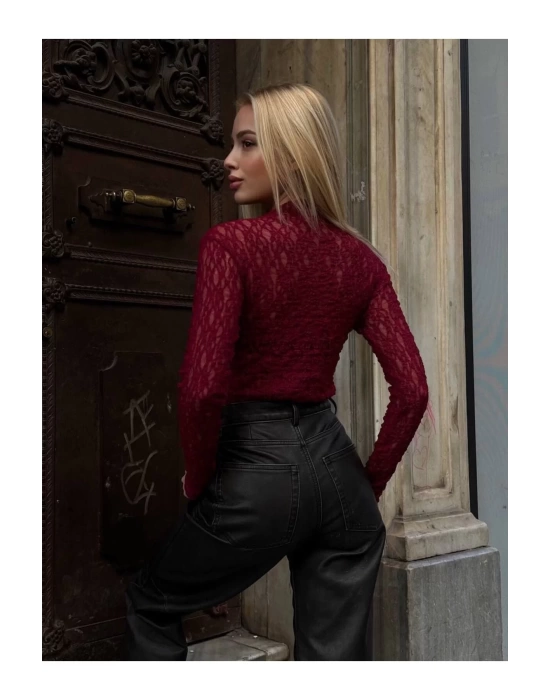 bysoca Kadın Bordo Yarım Balıkçı Yaka Uzun Kollu Vücudu Saran Dantel Tül Body Bluz
