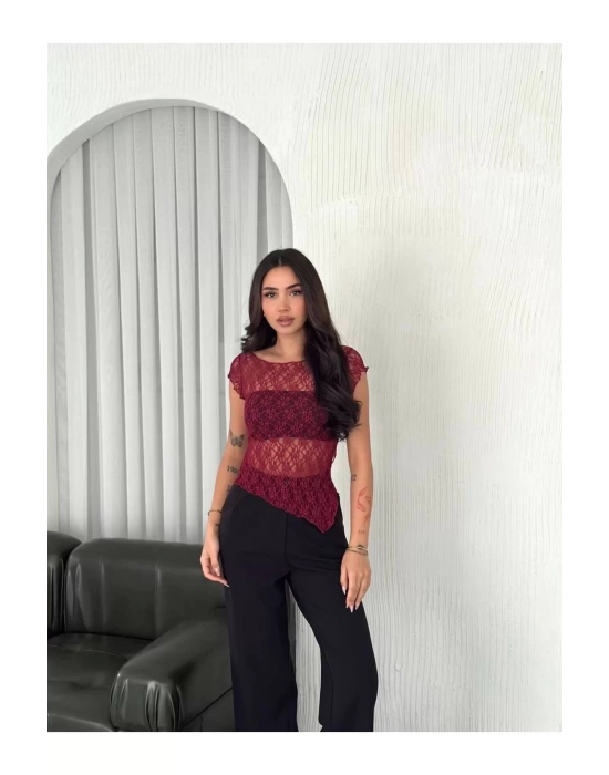 bysoca Kadın Bordo Kayık Yaka Asimetrik Kesim Fisto Dantel Transparan Crop Bluz