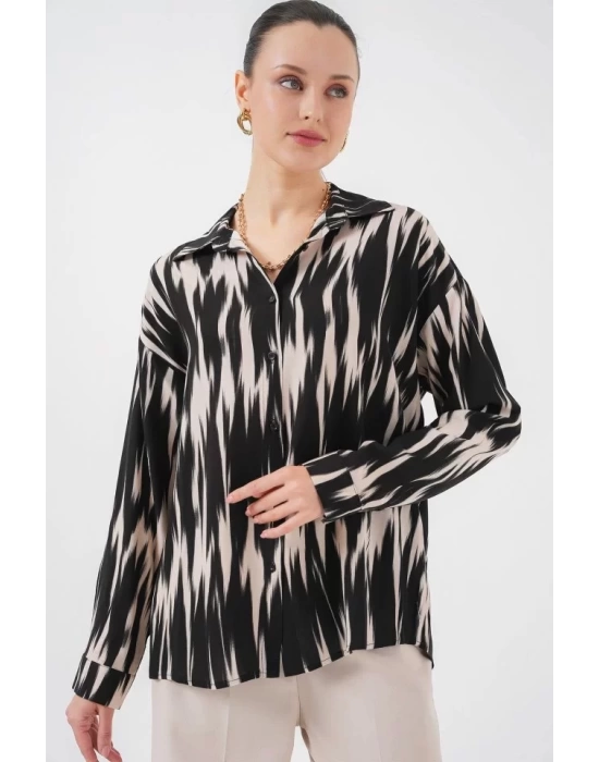 Desenli Oversize Gömlek 20301 - Siyah