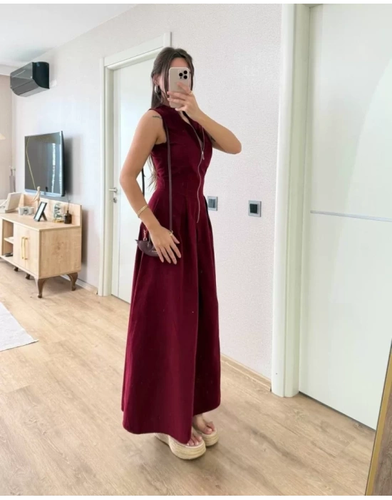 Dik Yuvarlak Yaka Önden Fermuarlı Sifir Kol Beli Oturtmalı Kolsuz Cepli Çan Etekli Uzun Elbise - Bordo