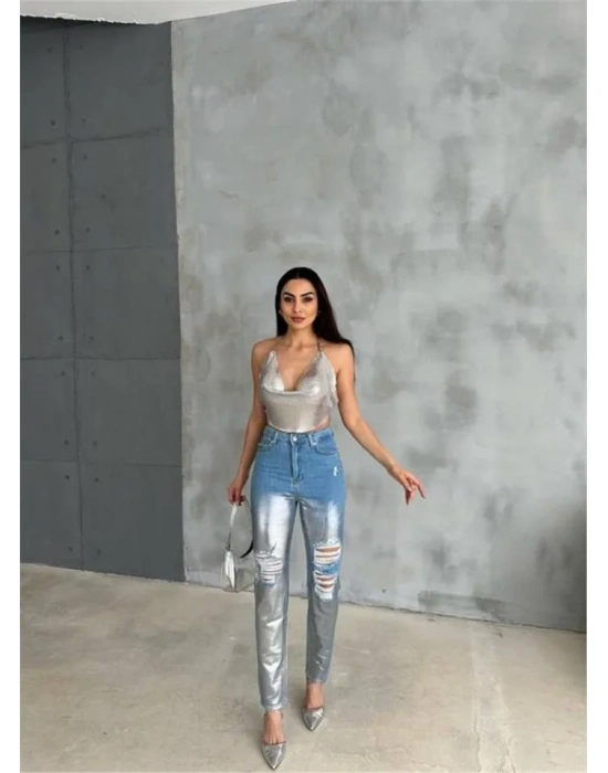 DİZ YIRTIK VARAKLI MOM KOT PANTOLON - Gümüş