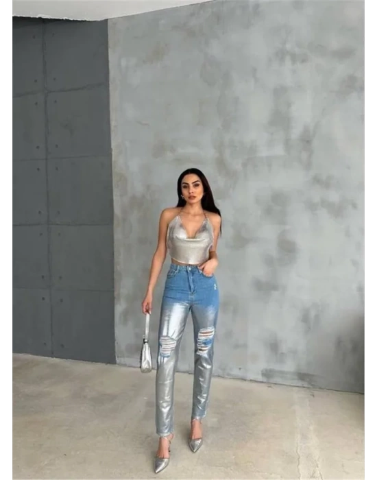 DİZ YIRTIK VARAKLI MOM KOT PANTOLON - Gümüş