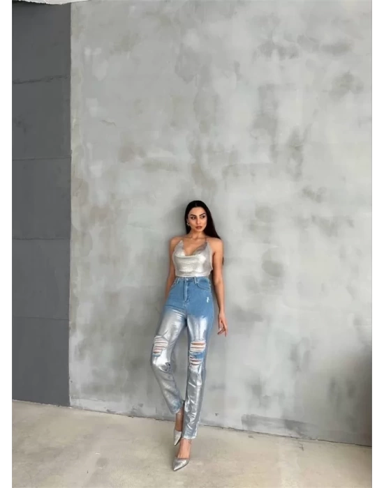 DİZ YIRTIK VARAKLI MOM KOT PANTOLON - Gümüş