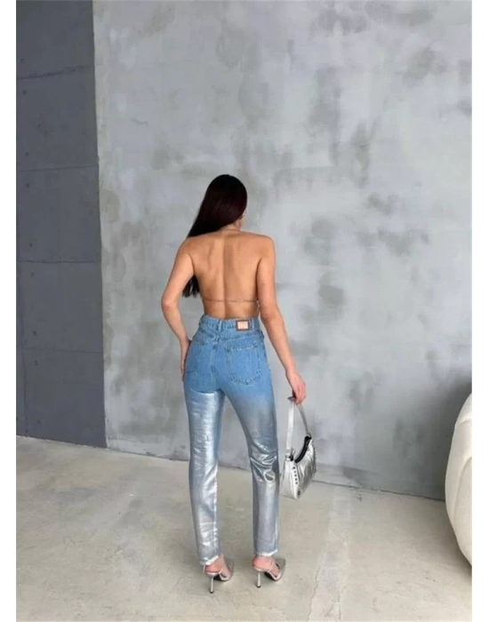 DİZ YIRTIK VARAKLI MOM KOT PANTOLON - Gümüş