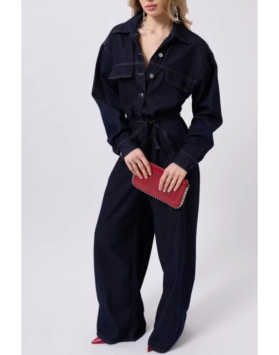 Düğme Detaylı Denim Tulum