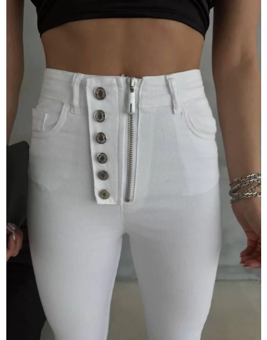 DÜĞME VE FERMUARLI KOT PANTOLON - Beyaz