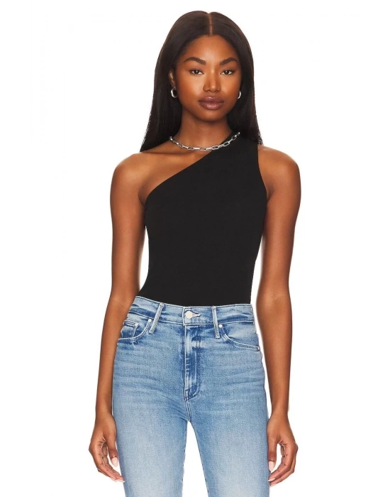 bysoca Kadın Siyah Düşük Omuz Asimetrik Tek Omuz Sıfır Kol Sandy Kumaş Tanga Bodysuit