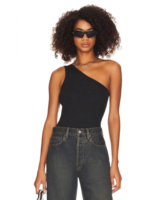 bysoca Kadın Siyah Düşük Omuz Asimetrik Tek Omuz Vücudu Saran Sandy Kumaş Tanga Bodysuit