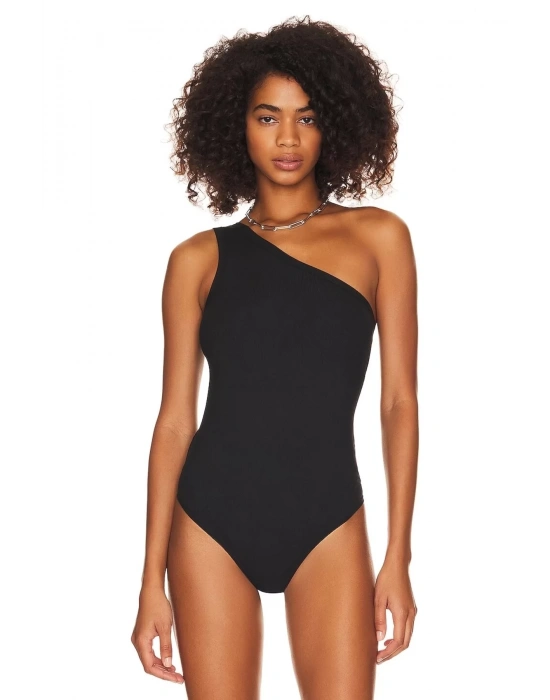 bysoca Kadın Siyah Düşük Omuz Asimetrik Tek Omuz Vücudu Saran Sandy Kumaş Tanga Bodysuit