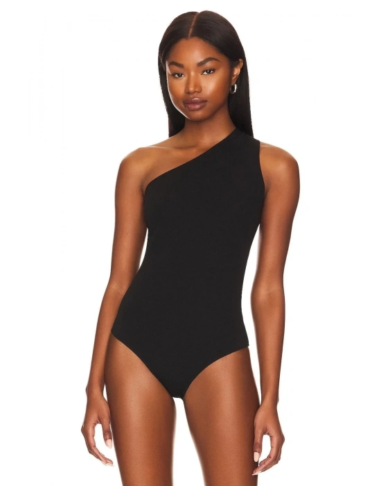 bysoca Kadın Siyah Düşük Omuz Asimetrik Tek Omuz Sıfır Kol Sandy Kumaş Tanga Bodysuit