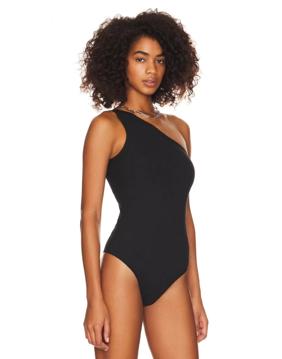 bysoca Kadın Siyah Düşük Omuz Asimetrik Tek Omuz Vücudu Saran Sandy Kumaş Tanga Bodysuit