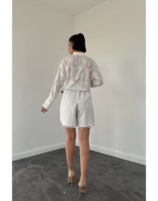 Ekru Dantelli Gömlek Ve Ponpolu Şort Takım