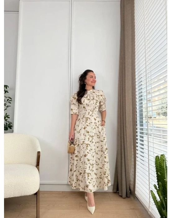 Ekru Yakası Bağlama Detaylı Elbise