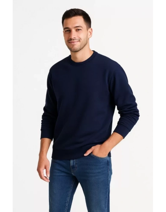 Erkek Üç İplik Düz Bisiklet Yaka SweatShirt - Lacivert