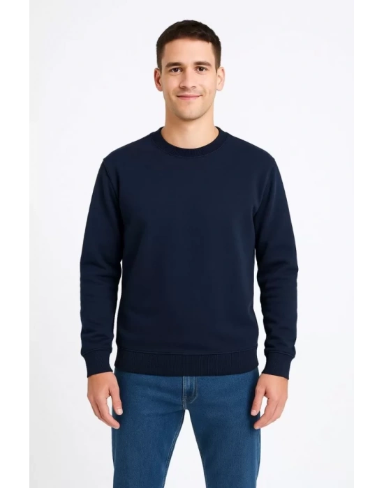 Erkek Üç İplik Düz Bisiklet Yaka SweatShirt - Lacivert