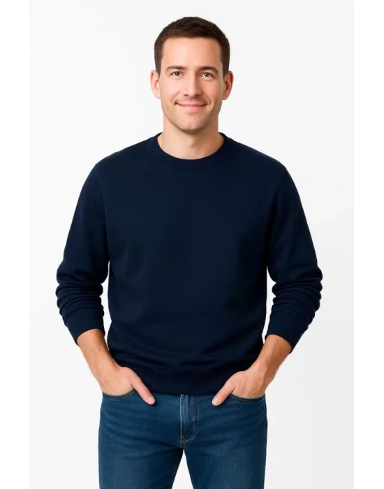 Erkek Üç İplik Düz Bisiklet Yaka SweatShirt - Lacivert