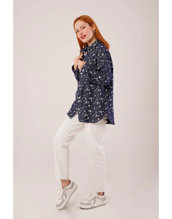 Eskitme Görünümlü Denim Mavi Gömlek