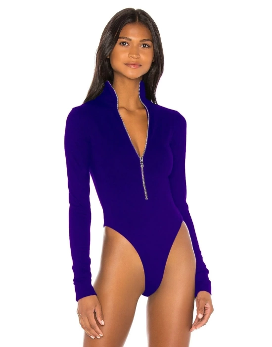 bysoca Kadın Mavi Balıkçı Yaka Fermuarlı Uzun Kollu Vücudu Saran Sandy Kumaş Tanga Bodysuit