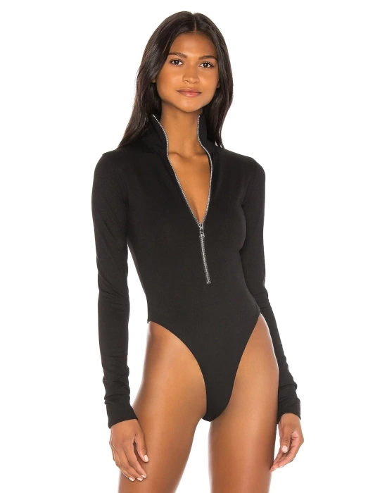 bysoca Kadın Siyah Balıkçı Yaka Fermuarlı Uzun Kollu Vücudu Saran Sandy Kumaş Tanga Bodysuit