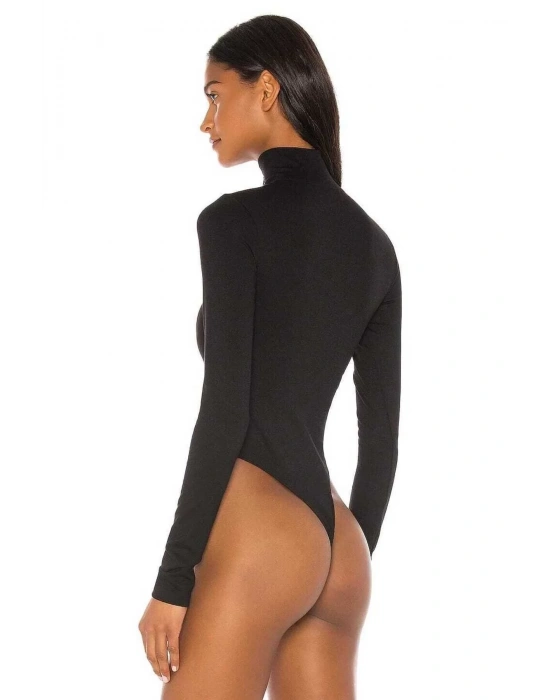 bysoca Kadın Siyah Balıkçı Yaka Fermuarlı Uzun Kollu Vücudu Saran Sandy Kumaş Tanga Bodysuit
