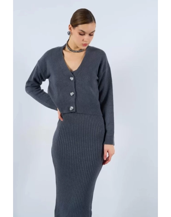 Fitilli Elbise Hırkalı Takım - Füme