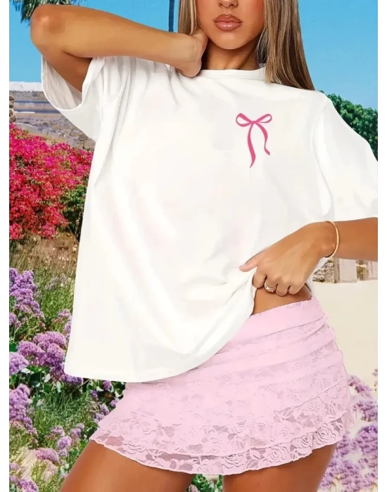 Fiyonk Baskılı Oversize Bisiklet Yaka T-shirt - Beyaz