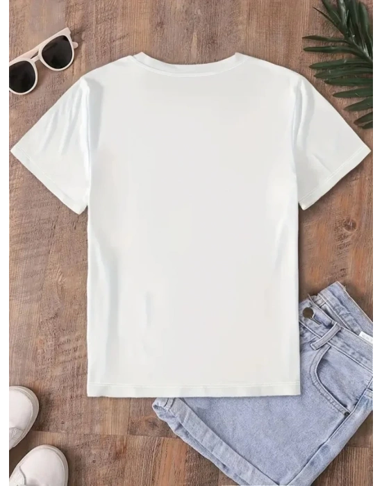 Fiyonk Baskılı Oversize Bisiklet Yaka T-shirt - Beyaz