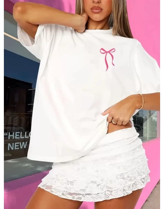 Fiyonk Baskılı Oversize Bisiklet Yaka T-shirt - Beyaz
