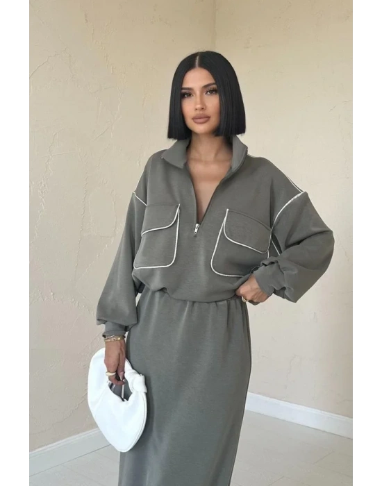 Füme Biyeli Sweatshirt Ve Etek Takım