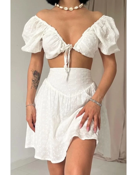 Fuşya Brode Crop Ve Mini Etek Takım