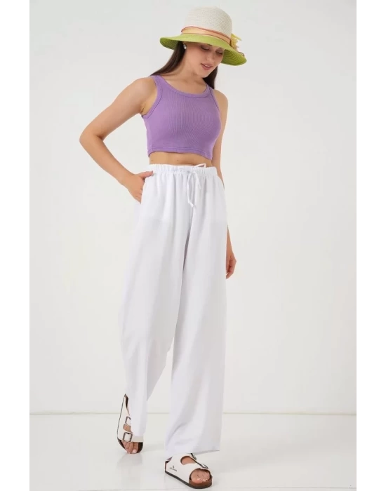 Geniş Paça Keten Pantolon 6735 - Beyaz